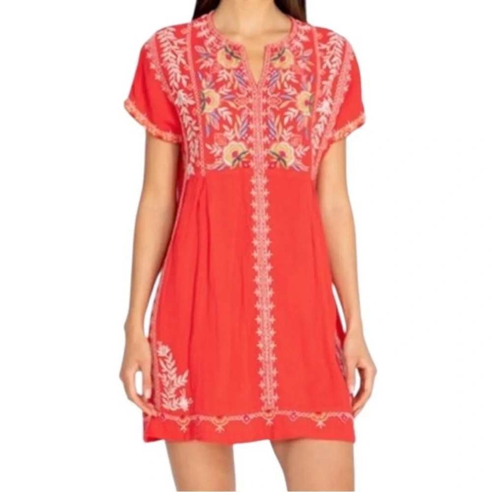 Johnny Was Workshop Uma Cotton Gauze Embroidered Tunic Dress Red Small Folk Boho